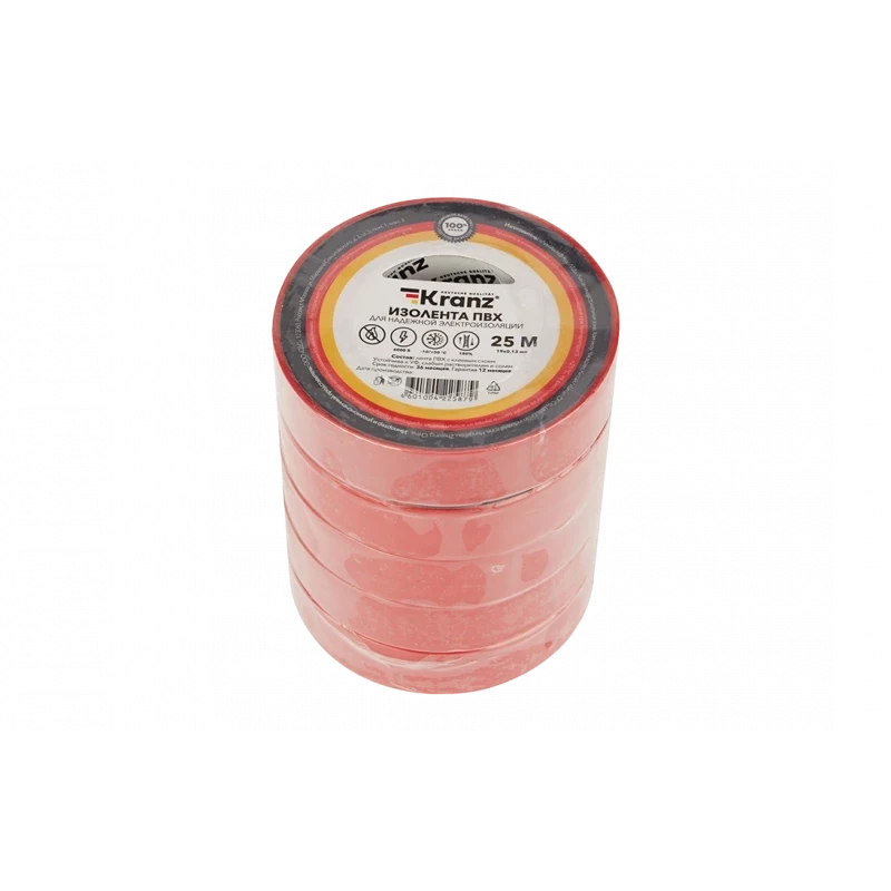 KR-09-2204 Изолента ПВХ KRANZ 19 мм х 25 м, красная, упаковка 5 роликов KR-09-2204 Изолента ПВХ KRANZ 19 мм х 25 м, красная, упаковка 5 роликов