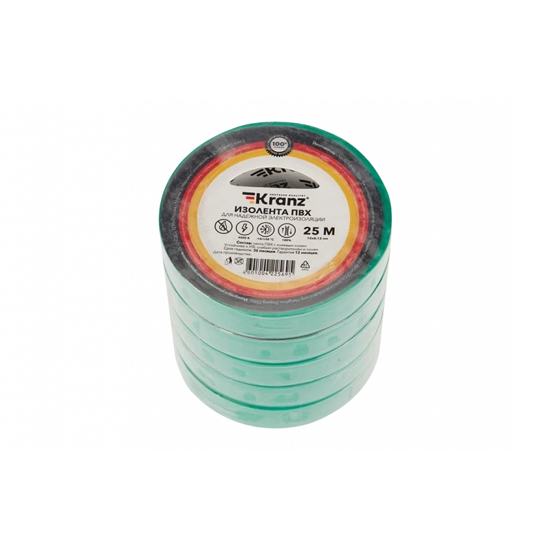KR-09-2103 Изолента ПВХ KRANZ 15 мм х 25 м, зеленая, упаковка 5 роликов KR-09-2103 Изолента ПВХ KRANZ 15 мм х 25 м, зеленая, упаковка 5 роликов