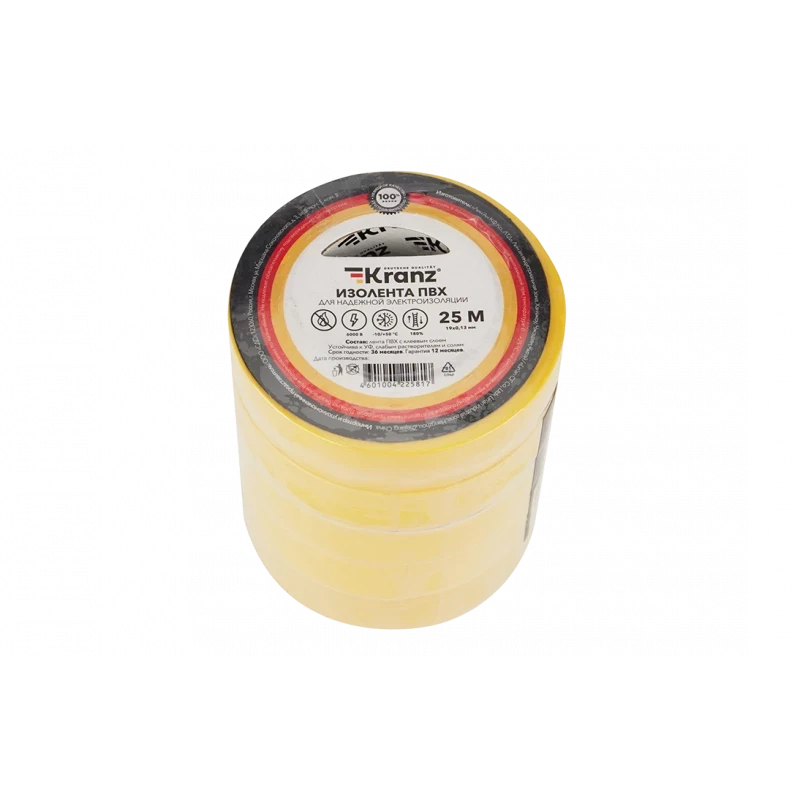 KR-09-2202 Изолента ПВХ KRANZ 19 мм х 25 м, желтая, упаковка 5 роликов KR-09-2202 Изолента ПВХ KRANZ 19 мм х 25 м, желтая, упаковка 5 роликов