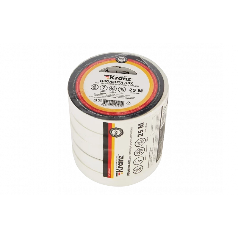 KR-09-2101 Изолента ПВХ KRANZ 15 мм х 25 м, белая, упаковка 5 роликов KR-09-2101 Изолента ПВХ KRANZ 15 мм х 25 м, белая, упаковка 5 роликов