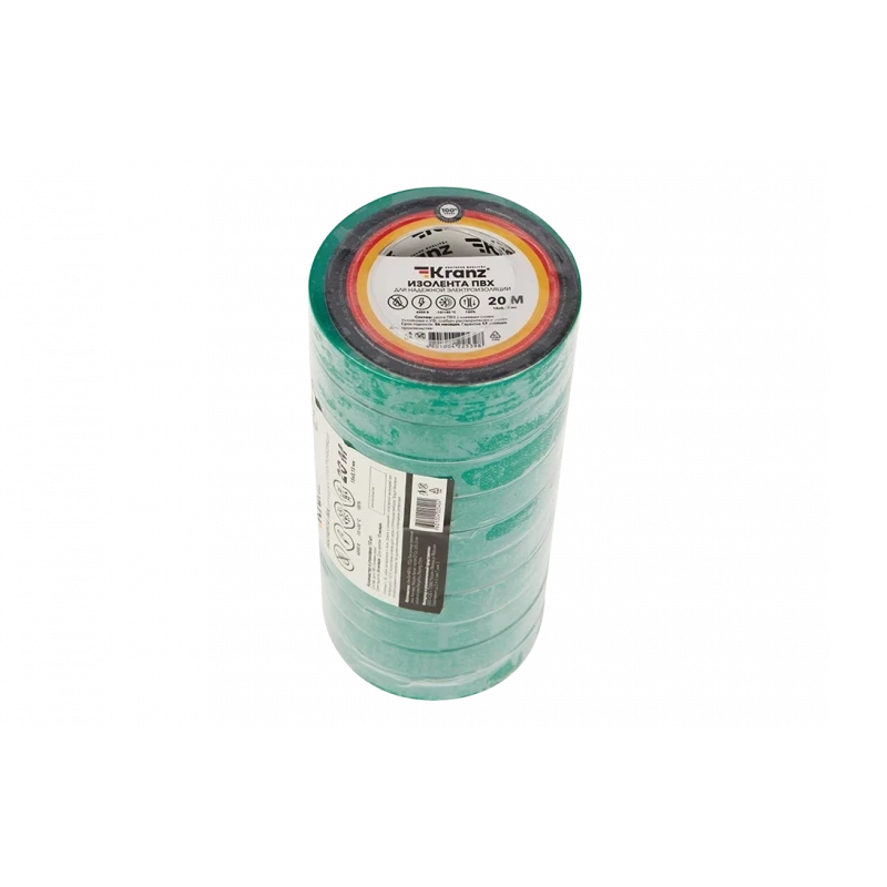 KR-09-2603 Изолента ПВХ KRANZ 15 мм х 20 м, зеленая, упаковка 10 роликов KR-09-2603 Изолента ПВХ KRANZ 15 мм х 20 м, зеленая, упаковка 10 роликов