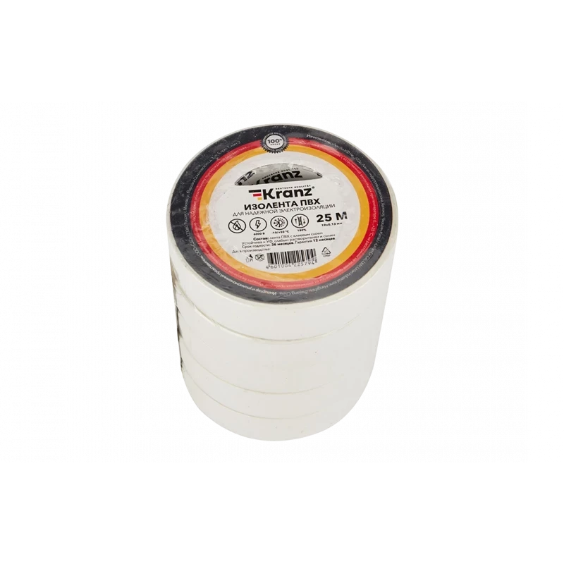 KR-09-2201 Изолента ПВХ KRANZ 19 мм х 25 м, белая, упаковка 5 роликов KR-09-2201 Изолента ПВХ KRANZ 19 мм х 25 м, белая, упаковка 5 роликов