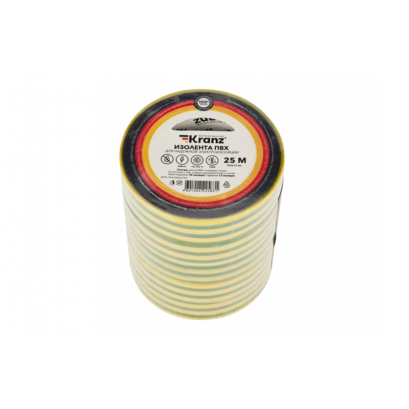 KR-09-2207 Изолента ПВХ KRANZ 0.13х19 мм, 25 м, желто-зеленая упаковка 5 роликов KR-09-2207 Изолента ПВХ KRANZ 0.13х19 мм, 25 м, желто-зеленая упаковка 5 роликов
