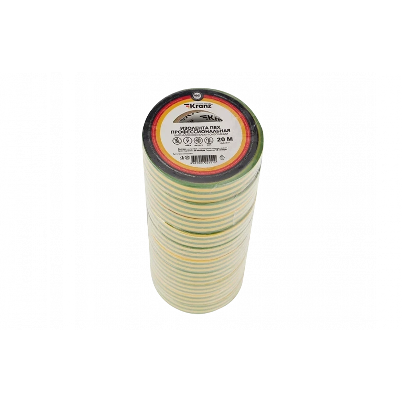 KR-09-2807 Изолента ПВХ KRANZ профессиональная, 0.18х19 мм, 20 м, желто-зеленая упаковка 10 роликов KR-09-2807 Изолента ПВХ KRANZ профессиональная, 0.18х19 мм, 20 м, желто-зеленая упаковка 10 роликов