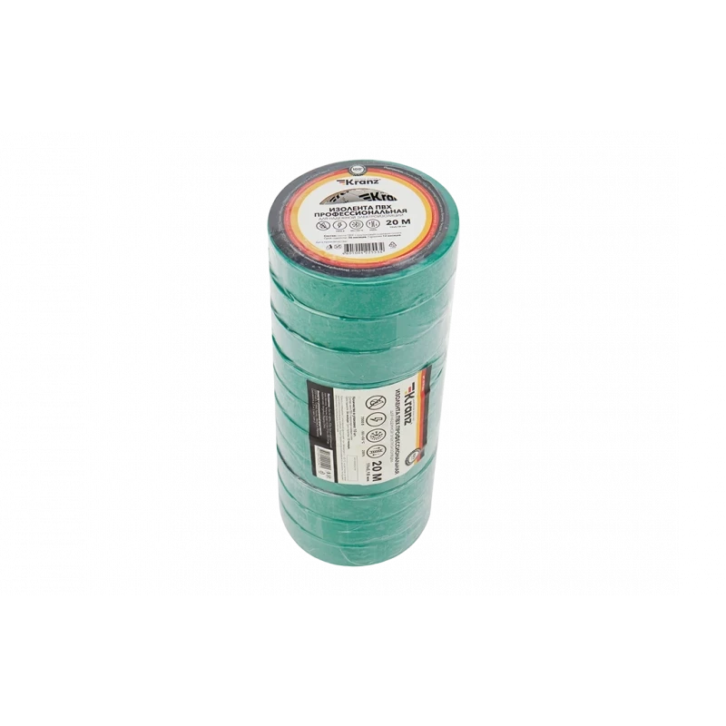KR-09-2803 Изолента ПВХ KRANZ профессиональная, 0.18х19 мм, 20 м, зеленая упаковка 10 роликов KR-09-2803 Изолента ПВХ KRANZ профессиональная, 0.18х19 мм, 20 м, зеленая упаковка 10 роликов